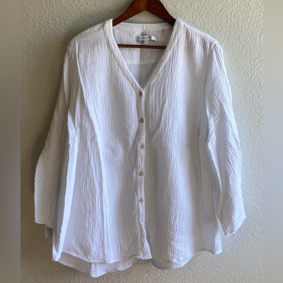 Foxcroft Tops - Foxcroft NYC Women’s Gauze White Button Up Ruched Tie Sleeve Shirt Size XXL